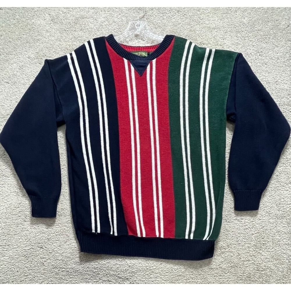Vintage American Eagle Sweater Mens Large Multi Color Block Dad Striped Crew